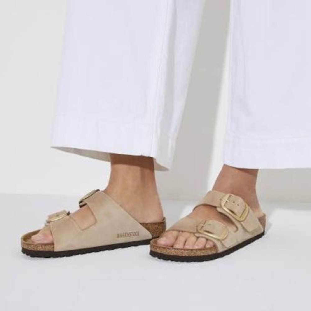 Birkenstock 37 Arizona Big Buckle Nubuck Leather Sandal Sandcastle Brushed Gold